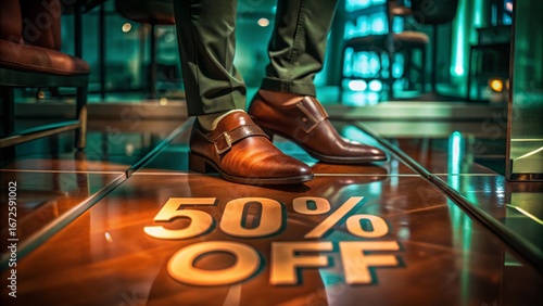 Person walking towards 50% off sale floor graphic in modern shopping mall.