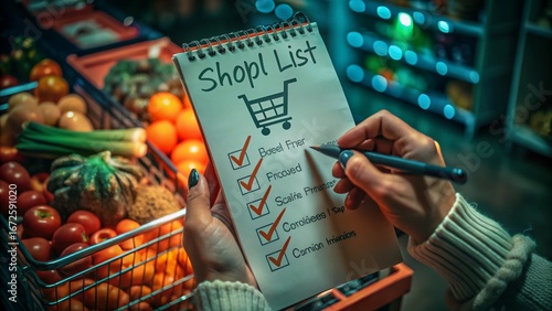 Woman's Hands Checking Items Off Checklist in Spiral Notebook;  Retro Style Illustration