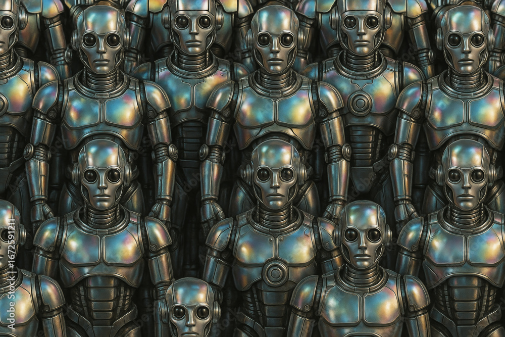 Fototapeta premium Robotic figures in metallic crowd display futuristic design