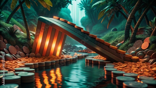 Serene Night Scene: Illuminated Coin Path Leading to Credit Card in Dreamlike Landscape