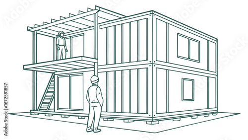 Shipping Container House Construction with Frame, Insulated Panels, and Exterior Walls – Technical Modular Home Assembly Visualization