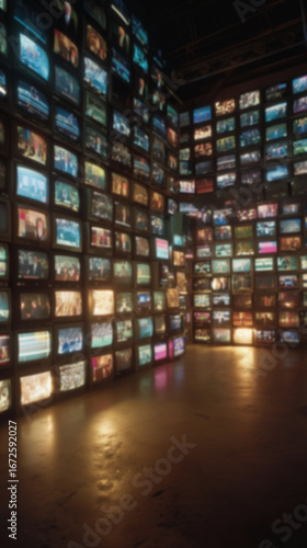Blurred background of Wall of multiple televisions, each screen displaying different scenes. Overwhelming atmosphere, symbolizing media overload, propaganda, and the impact of constant news coverage.