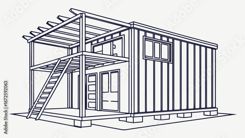 Shipping Container House Construction with Frame, Insulated Panels, and Exterior Walls – Technical Modular Home Assembly Visualization