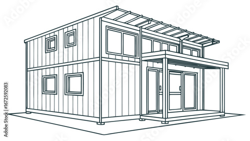Shipping Container House Construction with Frame, Insulated Panels, and Exterior Walls – Technical Modular Home Assembly Visualization