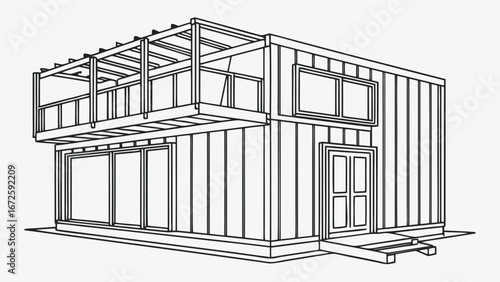Shipping Container House Construction with Frame, Insulated Panels, and Exterior Walls – Technical Modular Home Assembly Visualization