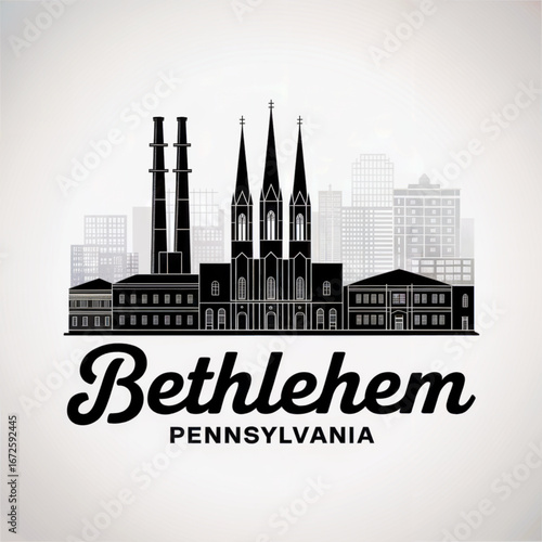 Bethlehem Pennsylvania Skyline Silhouette — Historic SteelStacks and Heritage Vector Illustration