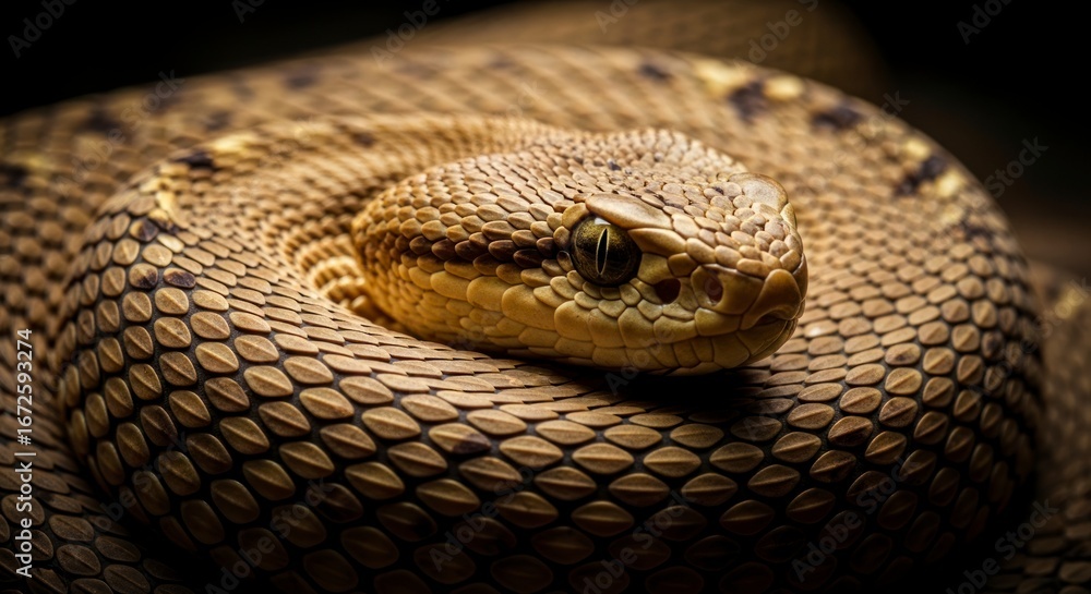 Obraz premium Close-up of a coiled snake, showcasing intricate patterns and textures in warm earth tones.