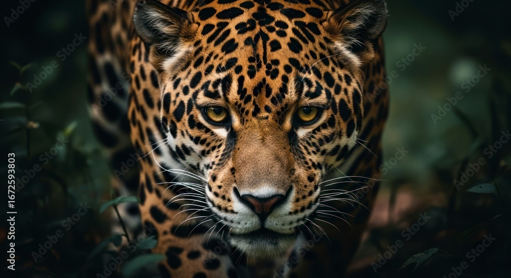 Obraz premium Close-up of a jaguar, showcasing its intense gaze and striking coat patterns in a dark, natural setting.