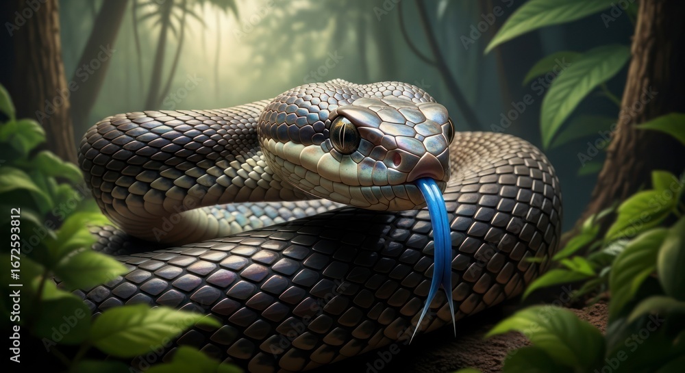 Fototapeta premium A detailed illustration of a dark gray snake with a striking blue tongue, coiled amongst lush tropical foliage, showcasing intricate scales and a captivating mood.