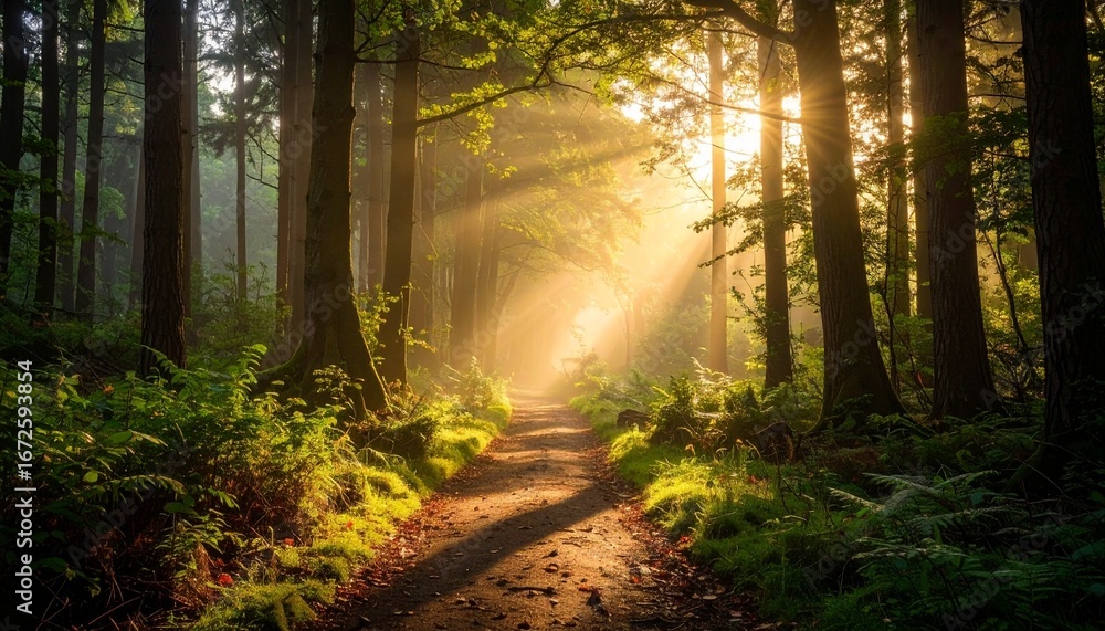 Obraz premium Serene Forest Pathway with Sunlight Filtering Through Trees
