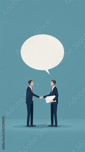 Two businessmen with empty speech bubble between them. One man is holding paper documents. Communication, negotiation, or discussion. Business talks, corporate dialogue, agreement, teamwork