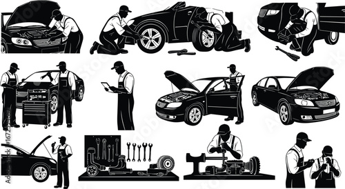 Professional mechanics inspecting, repairing, and maintaining cars with tools, checking engine, changing tires, and collaborating in black and white silhouette style