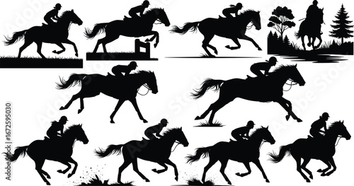 Black silhouettes of horse riders galloping, jumping, and riding through nature, featuring dynamic equestrian scenes with trees and obstacles