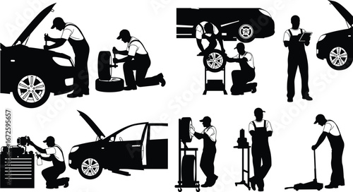 Silhouettes of mechanics repairing cars, changing tires, inspecting engines, and performing maintenance work in an auto repair shop