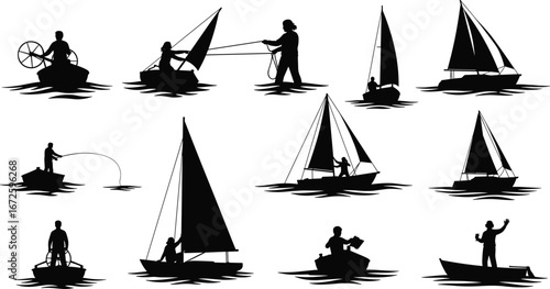 Silhouettes of people sailing, fishing, steering boats, adjusting sails, navigating waters, leisure boating, water sports, outdoor adventure, ocean life