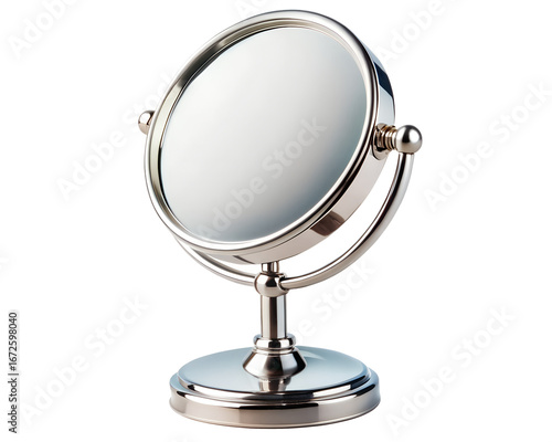 A chrome vanity mirror with a magnifying side, isolated on transparent background