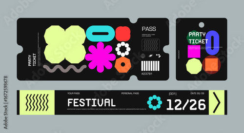 Control ticket bracelets for events, disco, festival, fan zone, party, staff. Vector mockup of a festival bracelet in a futuristic style.	

