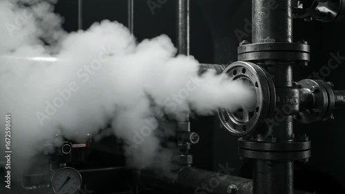 Steam escaping from industrial pipe in dark environment  