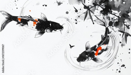 Wallpaper Mural Elegant Koi Fish in Ink Wash Art with Splashes Torontodigital.ca
