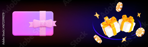3d neon gift card and flying gold casino chips with stars around white gift boxes. Stock vector illustration on isolated background.