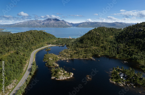 Breathtaking aerial view of coastal road winding through norwegian landscape. Lodingen Norway