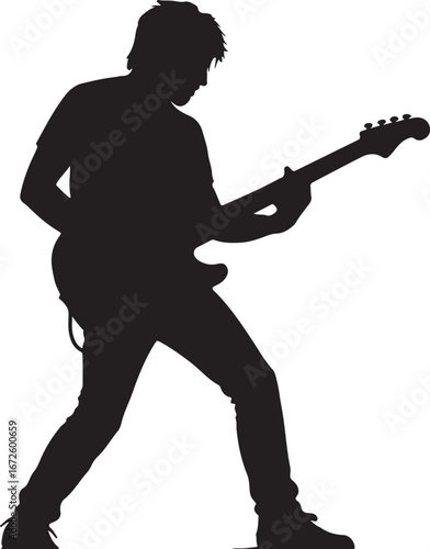 Black silhouette of a young man playing an electric guitar musician