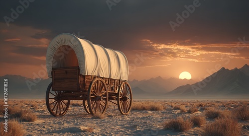 Old Covered Wagon in Desert at Sunset with Dramatic Clouds and Rugged Western Landscape