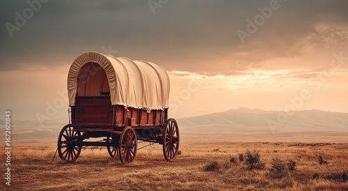 Old Covered Wagon in Desert at Sunset with Dramatic Clouds and Rugged Western Landscape