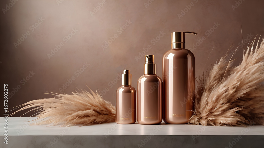 Fototapeta premium A stylish set of rose gold cosmetic bottles, including a pump and spray dispenser, arranged with feathery pampas grass. Luxury metallic texture ideal for beauty, hair care, and wellness product brand