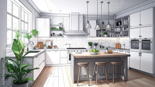 Sketch style kitchen design illustration