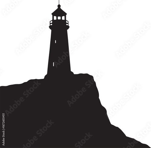 Black silhouette of a lighthouse on a rocky cliff against a white background vector