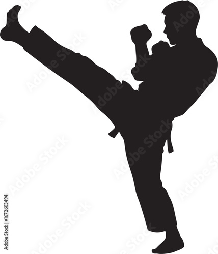 Black silhouette of a man performing a high kick in martial arts karate black and white