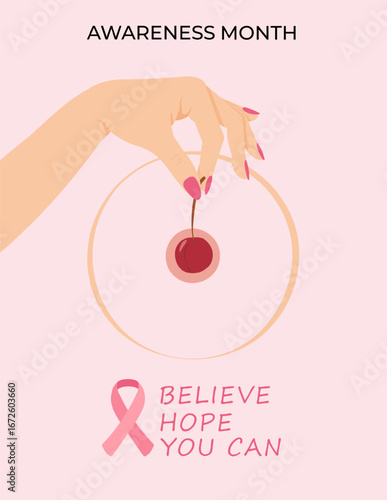 Minimalist Breast Cancer Awareness Poster with hand holding cherry, pink ribbon,motivational text. Symbol of hope, prevention, femininity, and health awareness. For banner, flayer. Vector illustration