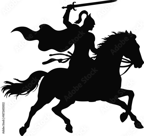 Medieval Knight on Horseback with Sword and Cape Silhouette warrior Photo