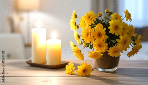 Two lit candles and a bouquet of vibrant yellow flowers sit on a wooden table, creating a peaceful and warm ambiance.