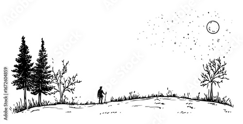 lone traveler in snowy forest under moon minimal black and white illustration