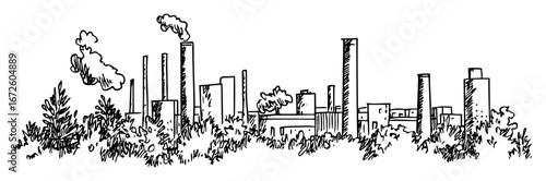 factory skyline with smokestacks and trees monochrome industrial scene