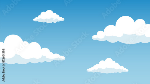 Vector illustration of a bright blue sky filled with large puffy clouds. Suitable for backgrounds, weather, and natural scenery concepts.