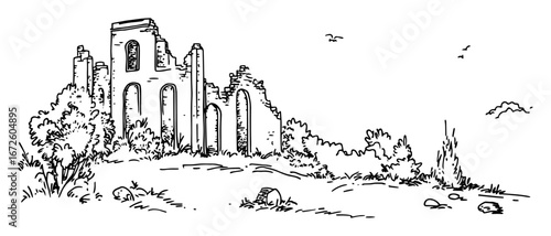 ruined gothic building on hill in nature black and white illustration