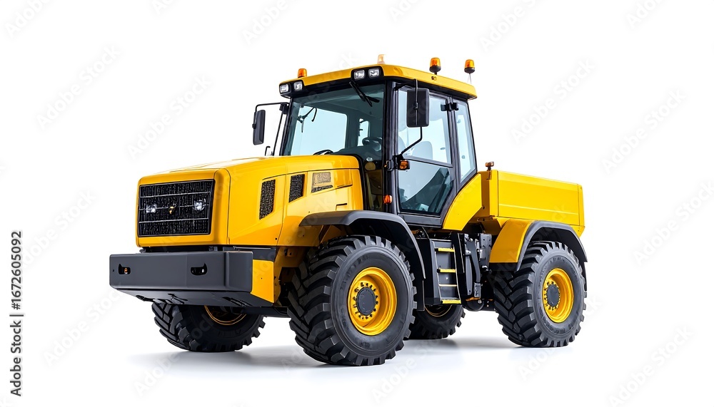 Naklejka premium A vivid, detailed image of a bright yellow agricultural tractor, showcasing its robust design and powerful presence against a plain white backdrop.