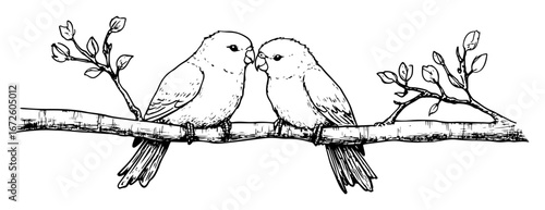 two birds sitting on branch romantic black and white illustration