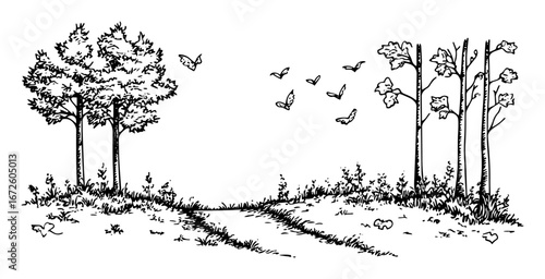 forest path with flying birds and scattered leaves minimal line art