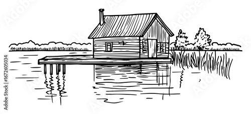 lake house on wooden pier with water reflection minimal line drawing
