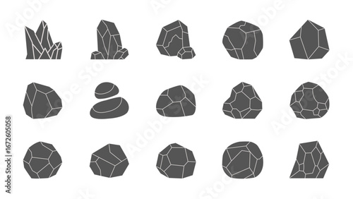 Vector set of different rock and stone icons in flat design. Suitable for geology, construction, landscaping, and natural elements.