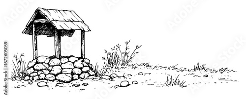 stone water well with roof in grassy area rustic illustration