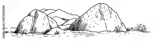 large rocks and boulders in dry terrain black and white sketch