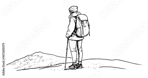 hiker standing on hilltop with backpack and poles black and white drawing