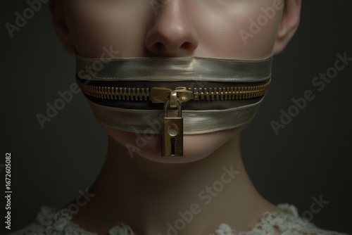 Surreal close-up portrait of a man with his mouth visually replaced by a closed zipper or padlock, symbolizing silence, censorship, and lack of freedom of speech. Dark, muted tones and conceptual art 