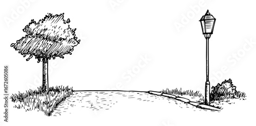 pathway with tree and vintage streetlamp quiet minimal scene