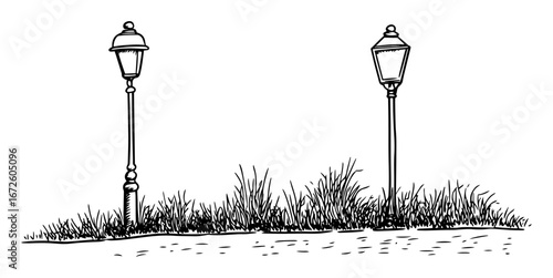 two vintage streetlamps with grass and cobblestone path minimal urban scene